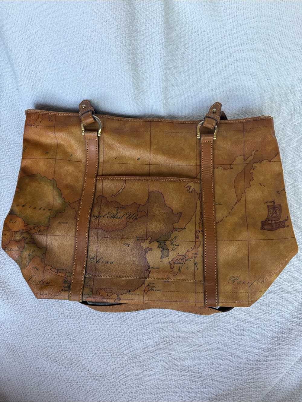 Alviero Martini Tan Map-Print Leather Tote